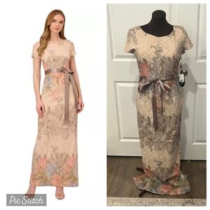 NWT Adrianna Papell Blush Champagne Floral Matelasse Column Gown Dress Size 10P